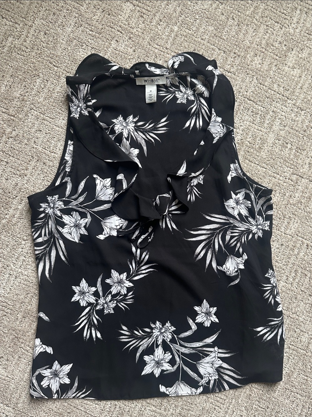White House Black Market Black & White Floral Ruffle Neck Camisole